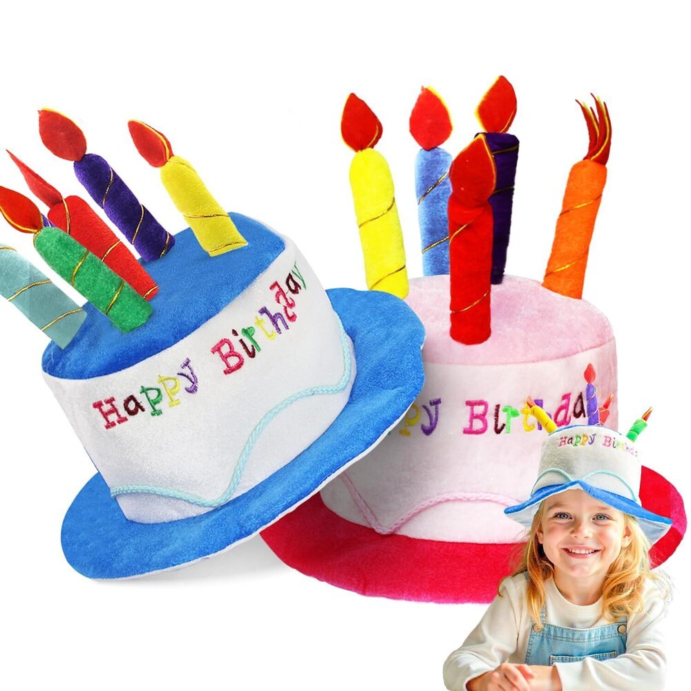5527 Plush Happy Birthday Cake Hat 2Pcs, Blue & Pink - Unisex Adult Size